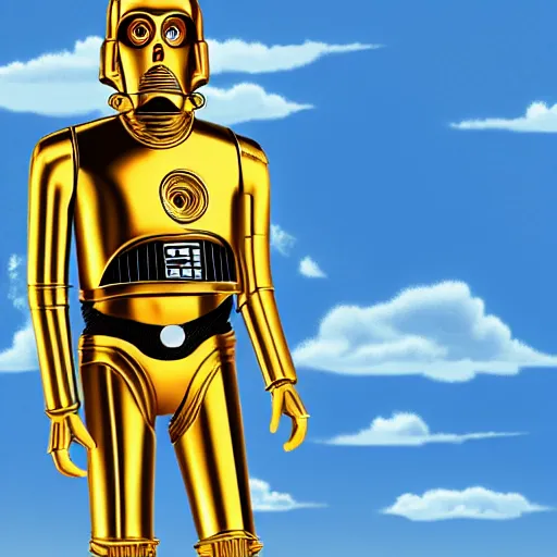 Image similar to full body portrait of Simpson as C3PO in star wars, background blue sky puffy clouds cinematic 4k