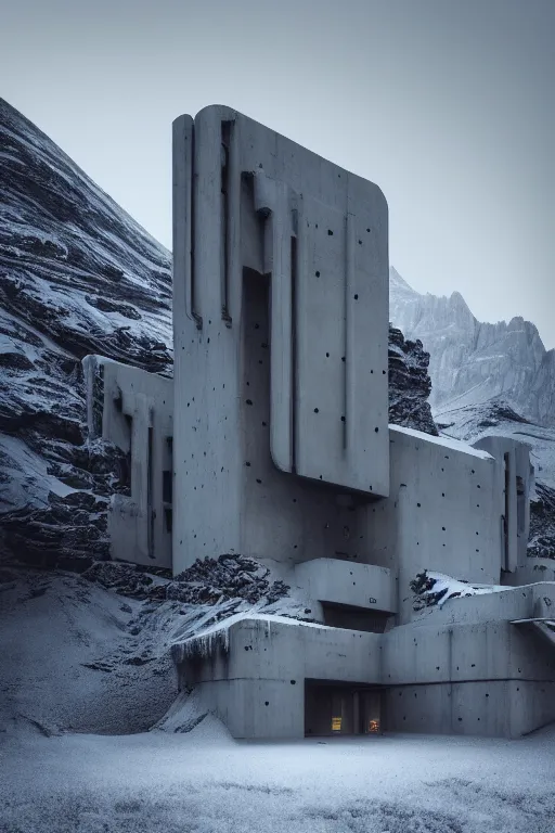 Image similar to sci - fi concrete brutalist architecture in the italian dolomites, snowfall, rutkowski, zaha hadid, beksinski, oil painting, photoreal, highly detailed, 8 k, hd, vray, artstation, cinematic matte painting, soft pastl sunset, extreme detail photo quality, dark moody colors, featured on behance