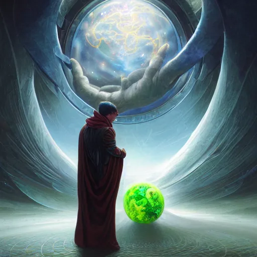 Image similar to the creator of worlds wearing a cloak and holding a holographic planet projection in his hand, detailed, sci - fi, digital painting, artstation, sharp focus, illustration, ominous, artgerm, tomasz alen kopera, peter mohrbacher, donato giancola, joseph christian leyendecker, wlop, frank frazetta