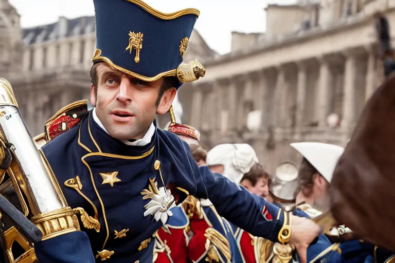 Prompt: closeup portrait of emmanuel macron dressed as napoleon dragging a cannon in the street, natural light, sharp, detailed face, magazine, press, photo, steve mccurry, david lazar, canon, nikon, focus