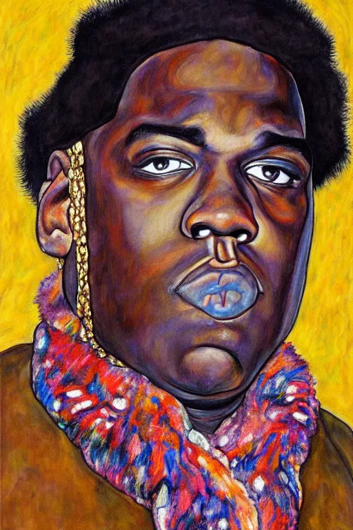 Image similar to a portrait of biggie smalls wearing boho - chic style clothes, with a fur muffler, full body!!, realistic painting in egon schiele style, masterpiece, hyperdetailed, complex, intricate, 4 k, trending on artstation