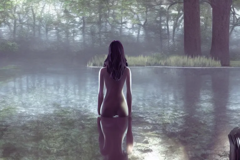 Image similar to beautiful woman staring at her reflection on a pond in a secret forest, very detailed, hyper realistic, matte painting, trending on artstation and deviantart