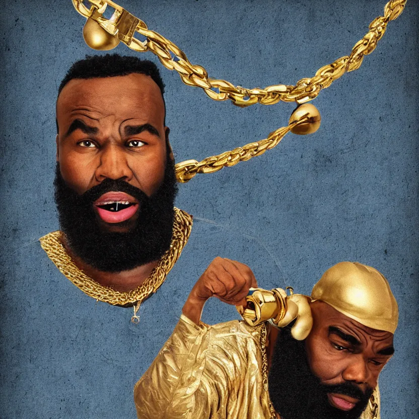 Prompt: mr. t pitying a fool, stylized photo, gold chains, stylized digital art