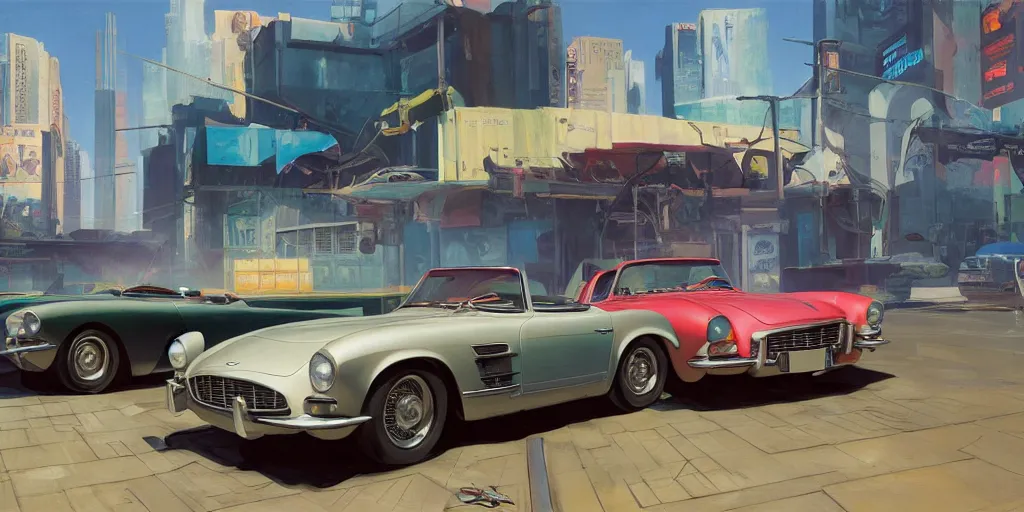 Image similar to art style by Ben Aronson and Edward Hopper and Syd Mead, wide shot view of the Cyberpunk 2077, on ground level. full view of the hybrid design between Aston Martin DB4 1958, Corvette C2 1969, and Mercedes-Benz 300sl 1955 with wide body kit modification and dark pearlescent holographic paint.