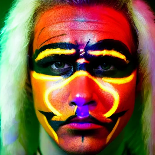 Image similar to portrait of an native chieftain with neon glow - in - the - dark face - paint, the chieftain is staring into the camera ominously, realistic photo, studio lighting, low lighting