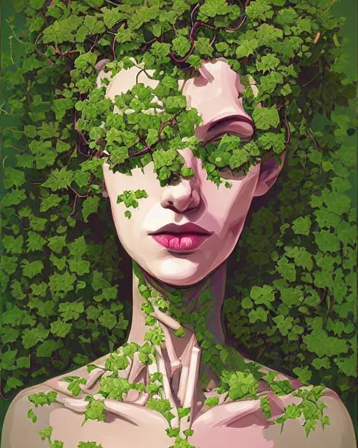 Prompt: organic robot woman portrait overgrown flowers ivy, petros afshar