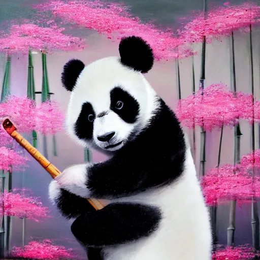 Image similar to cute fluffy baby panda holding a parasol, background of bamboo and cherry blossom trees, detailed painting 4 k