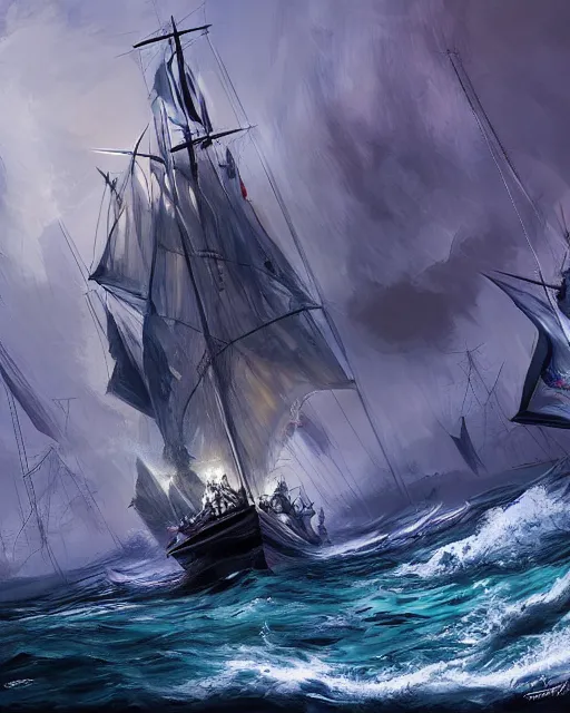 Prompt: an epic action concept painting by sd ai of an exquisite sailing vessel masterpiece. digital art