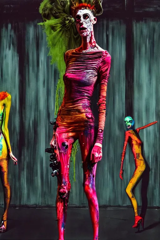 Image similar to crazy fashion catwalk, one model, crazy clothes, biopunk style, horror, clothes look like slime, hauntingly surreal, highly detailed painting by francis bacon, edward hopper, adrian ghenie, gerhard richter, and james jean soft light 4 k,