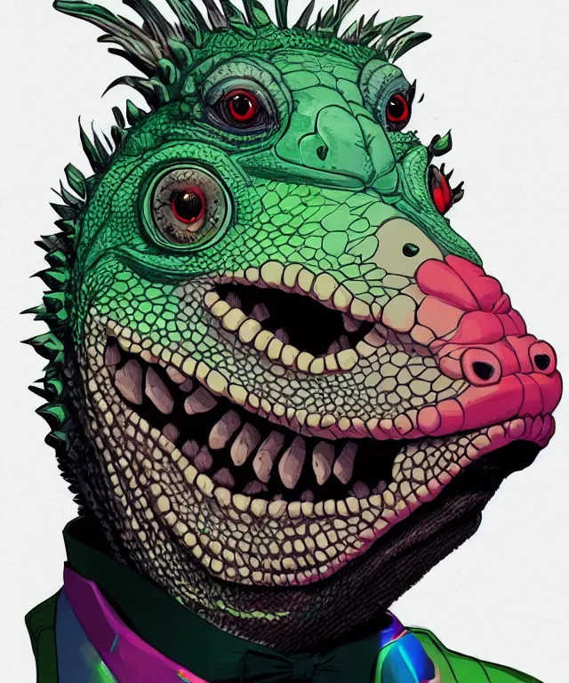 Image similar to a portrait of an iguana wearing a clown outfit, cyberpunk!, fantasy, elegant, digital painting, artstation, concept art, matte, sharp focus, illustration, art by josan gonzalez