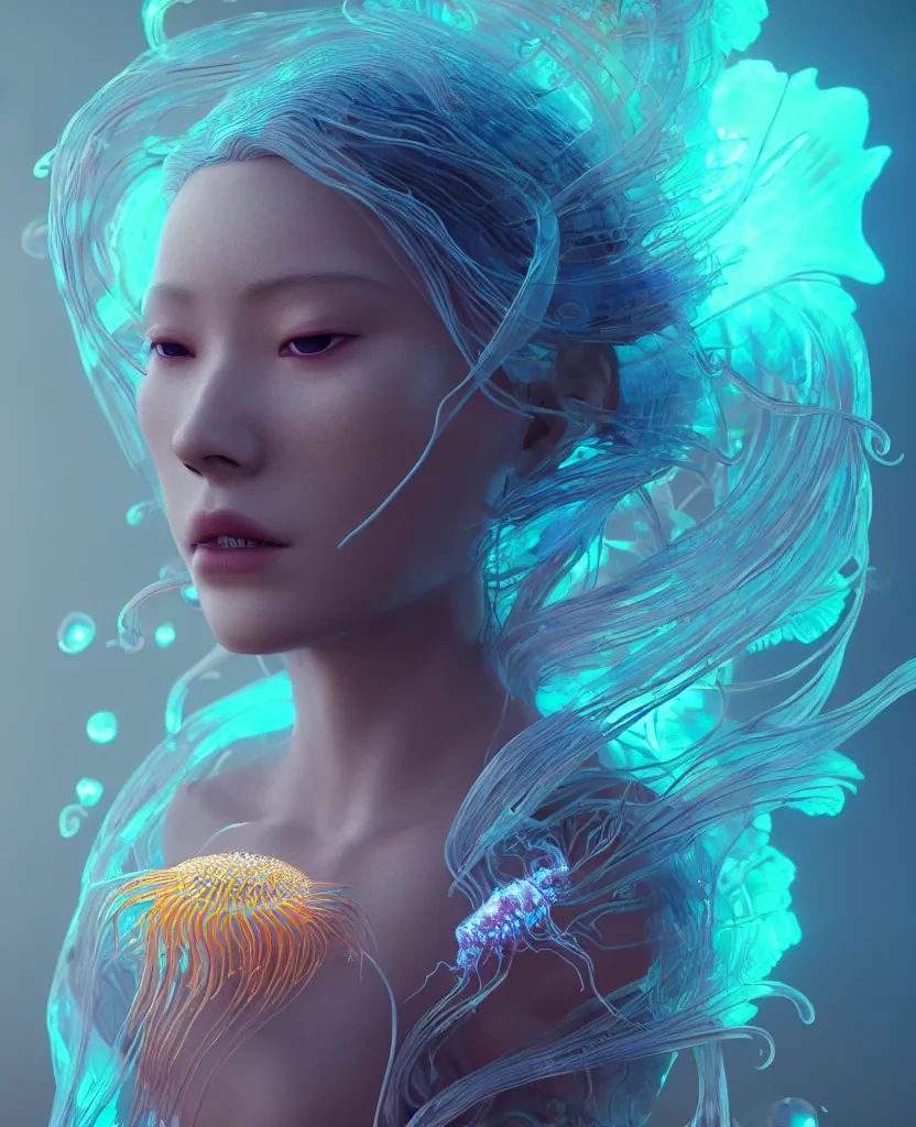 Image similar to goddess close-up portrait. orchid jellyfish phoenix head, nautilus, skull, betta fish, bioluminiscent creatures, intricate artwork by Tooth Wu and wlop and beeple. octane render, trending on artstation, greg rutkowski very coherent symmetrical artwork. cinematic, hyper realism, high detail, octane render, 8k