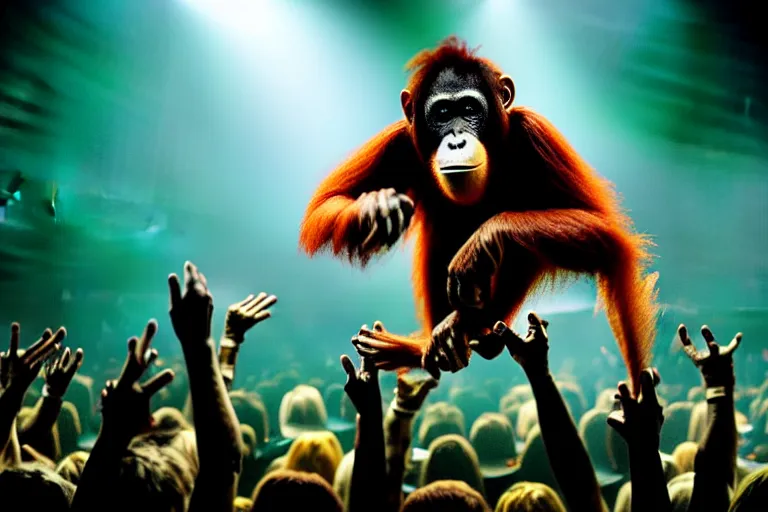 Image similar to vfx film, singing orangutan rockstar onstage band concert, flat color profile low - key lighting award winning photography arri alexa cinematography, big crowd, hyper real photorealistic cinematic beautiful, atmospheric cool colorgrade