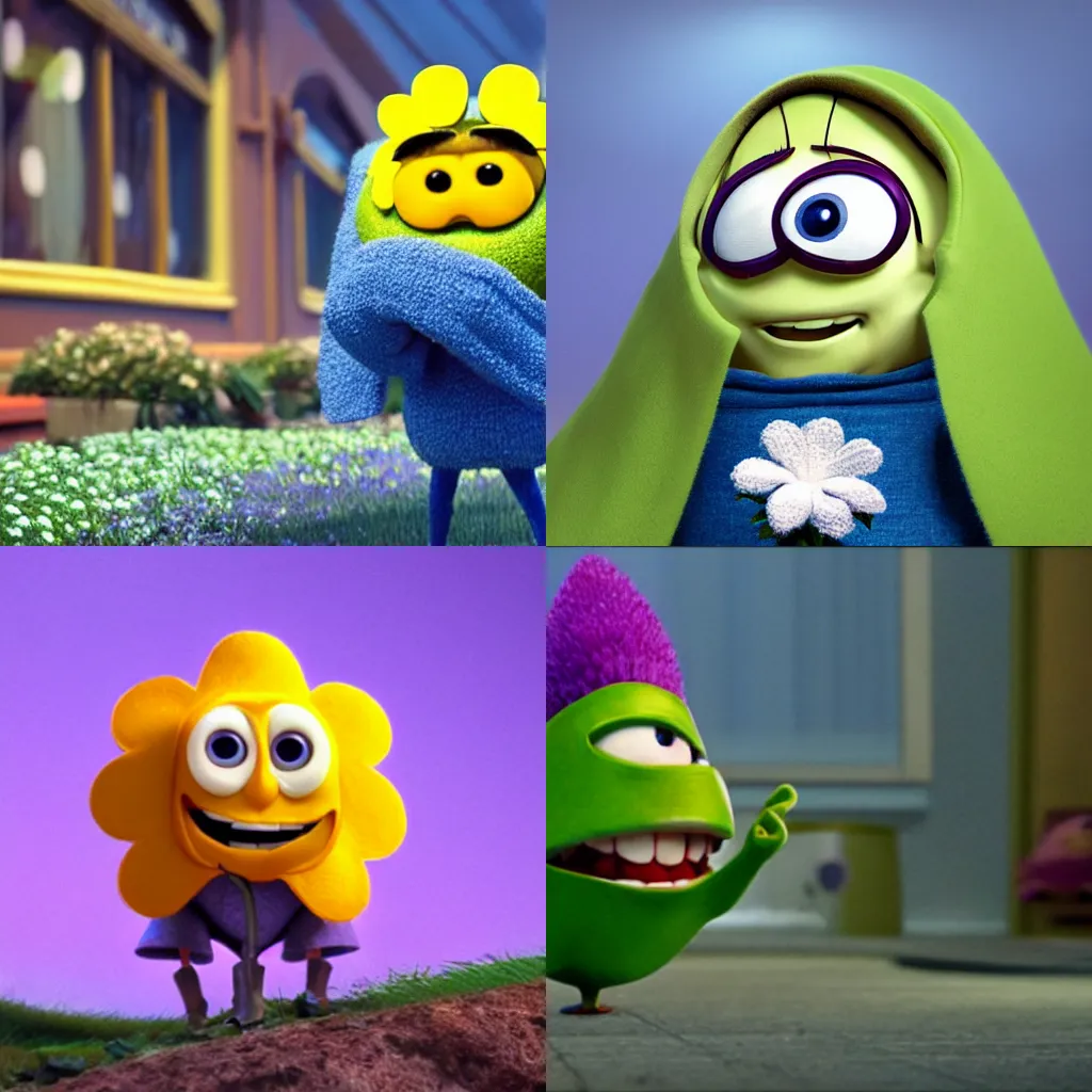 Prompt: anthropomorphic flower wearing a hoodie poised menacingly, film still, pixar studios