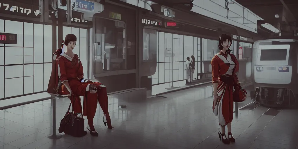 Image similar to photo of geisha cyborg is waiting in train station, 1970's, leica, lomo, soft light, morning light, photorealistic, details, octane render, cryengine, 8k, cinematic shot