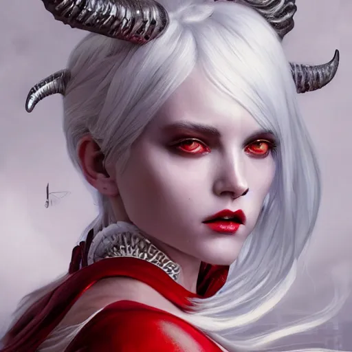 Image similar to ultra realistic illustration, dream humanoid demon girl with white hair, red horns, in white clothes, red eyes, intricate, elegant, highly detailed, digital painting, artstation, concept art, smooth, sharp focus, illustration, art by artgerm and greg rutkowski and alphonse mucha