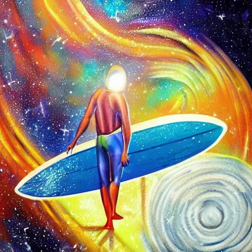 Prompt: surfer in space, intricate detail, airbrush painting, illustration,