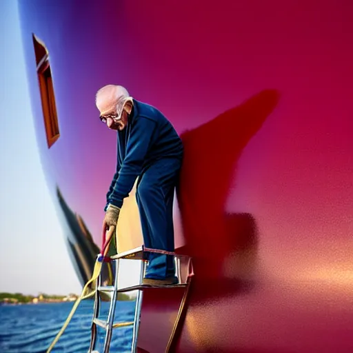 Image similar to wrinkled hunchbacked old man in musty burgundy suit, polishing painting the side of a huge gold plated mega yacht with a cloth, maintenance photo