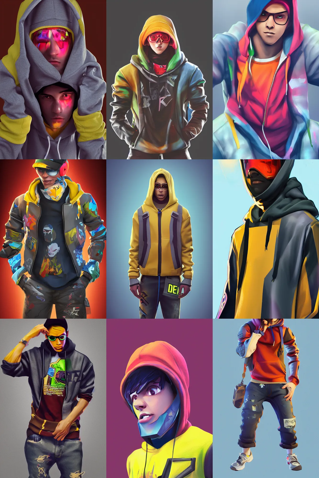 Prompt: a full body sharp focus realistic portrait digital octane render of a single young man dressed in 90s street clothing and a bright hoodie with face and body clearly visible, fornite, overwatch, valorant, artstation trending, high quality, happy mood, artstation trending, vibrant colours, no crop, no helmet, entire character, blank background, face visible, SFW,