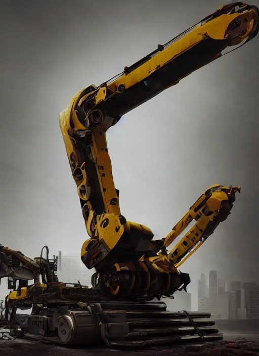 Image similar to a photorealistic dramatic hyperrealistic render of a futuristic exosuit power excavator heavy machinery, ultra realistic details, glossy yellow, well worn, rust, oil stains by vitaly bulgarov and mike nash, beautiful dramatic dark moody tones and lighting, cinematic atmosphere, studio lighting, global illumination, shadows, dark background, octane render, 8 k