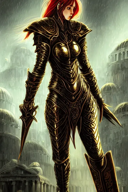 Image similar to portrait knights of Zodiac girl, metallic black and reddish color reflected armor, in heavily rainning ruin Agora of Athens, ssci-fi, fantasy, intricate, rim lights, natural atmosphere, great high details, cinematic lighting,, elegant, golden light, highly detailed, digital painting, concept art, smooth, sharp focus, illustration, art by artgerm and greg rutkowski and alphonse mucha and loish and WLOP