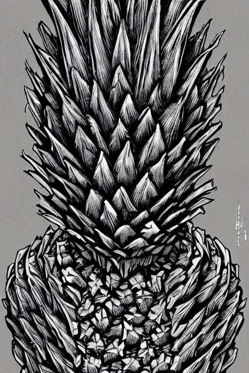 Image similar to pineapple humanoid figure monster, symmetrical, highly detailed, digital art, sharp focus, trending on art station, kentaro miura manga art style