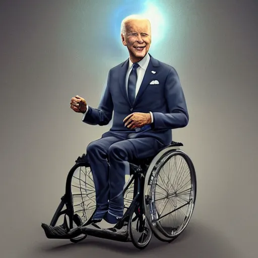 Image similar to hyperrealistic mixed media image of joe biden in a wheelchair wearing a bicycle!! helmet!!, stunning 3 d render inspired art by istvan sandorfi and greg rutkowski, perfect facial symmetry, realistic, highly detailed attributes and atmosphere, dim volumetric cinematic lighting, 8 k octane extremely hyper - detailed render, post - processing, masterpiece,