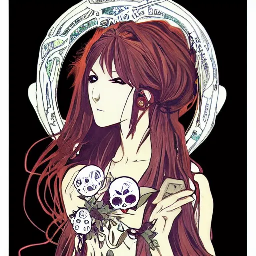 Image similar to anime manga skull portrait marvel young woman hood fairytale comic skeleton illustration style by Alphonse Mucha pop art nouveau