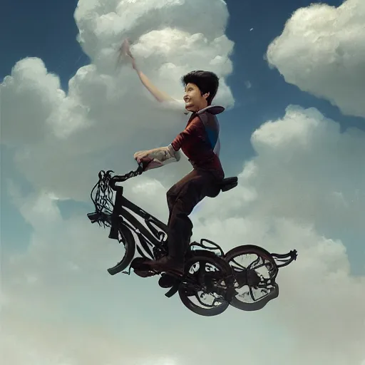 Prompt: In a warm atmosphere, a fancy portrait of a happy man flying in the sky on his bicycle in the clouds, perfect expression, Ross Tran, Greg Rutkowski, Maciej Kuciara, volumetric lighting, dramatic, trending on artstation