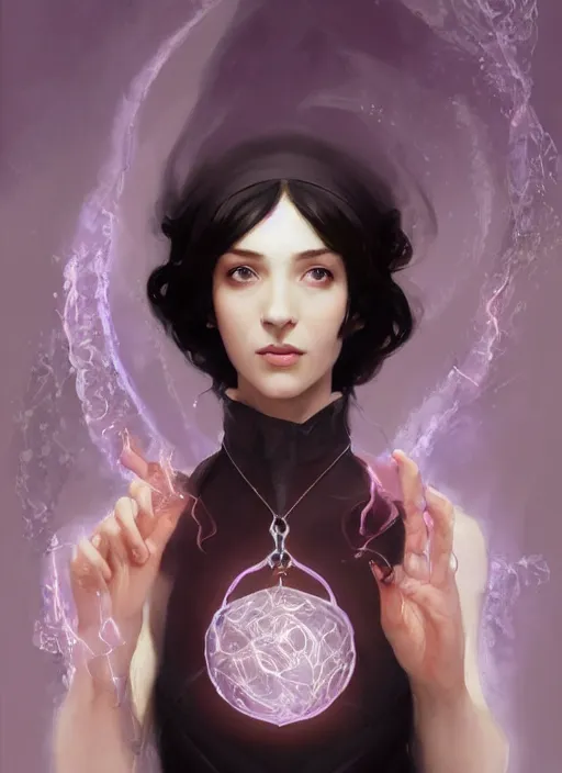 Prompt: character concept portrait of an attractive young focused Spanish witch with pale pink skin and a crystal necklace enchanting a glowing seduction spell, a floating glowing spell book in the center, intricate, elegant, digital painting, concept art, smooth, sharp focus, illustration, from Metal Gear, by Ruan Jia and Mandy Jurgens and William-Adolphe Bouguereau, Artgerm