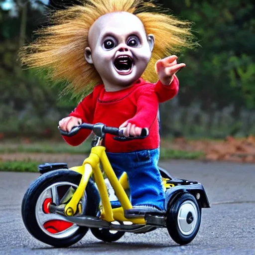 Prompt: cute screaming chucky doll riding a tricycle