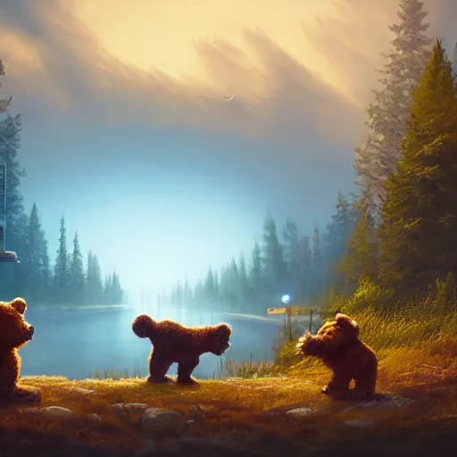 Image similar to a paint of dan mumford, of a robotic teddy bear painting a picture of a cute bear, in the background an apocalyptic panorama, octane render, unreal engine 5, greg rutkowski