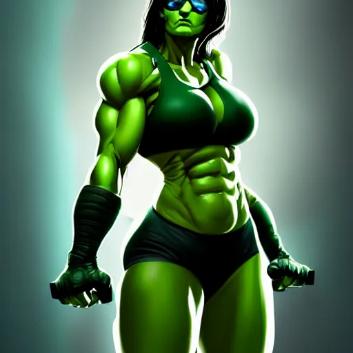 Prompt: beautiful Gina Carano skinny thin She Hulk green skin, symmetrical, middle shot, portrait, highly detailed, digital painting, artstation, concept art, smooth, sharp focus, illustration