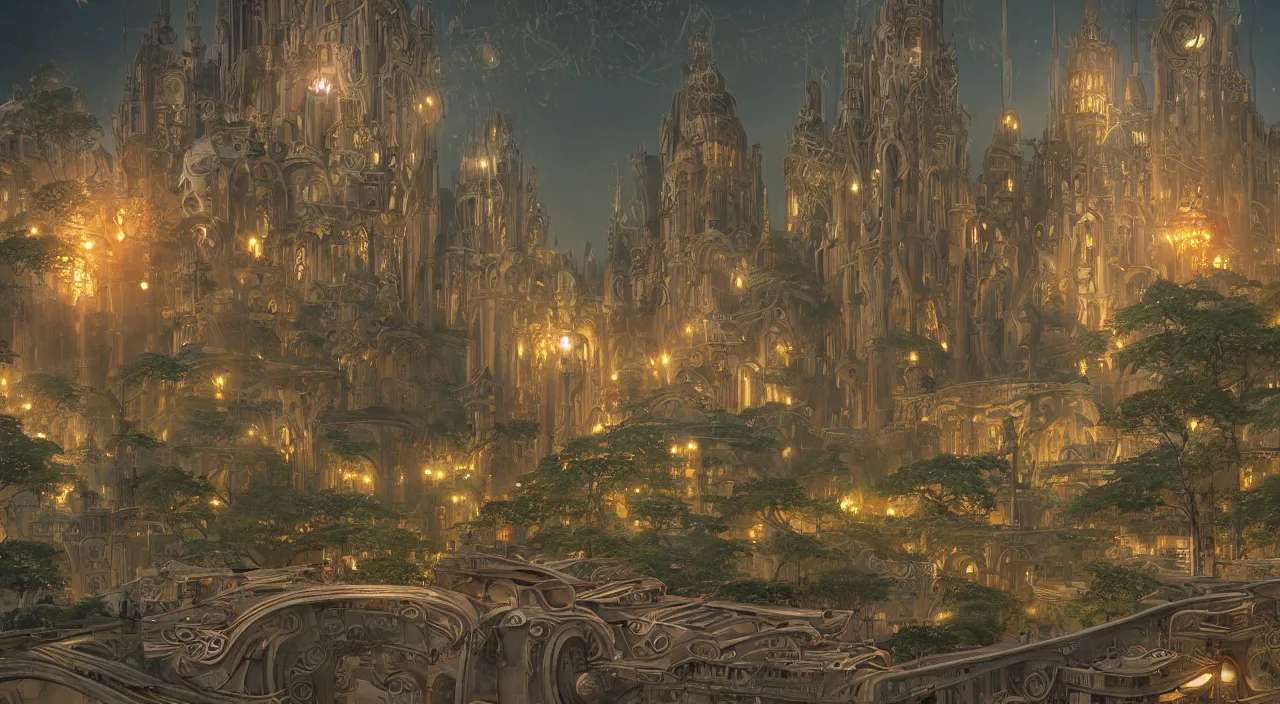 Prompt: monumental beautiful city of naboo steampunk architecture with art nouveau arboretum at night, megascan concrete texture building, cinematic composition, Jaime Jasso, Craig Mullins, wide angle, in the style of hayao miyazaki + brian froud + kim jung gi, studio ghibli, beautiful high detail enhanced 8k render