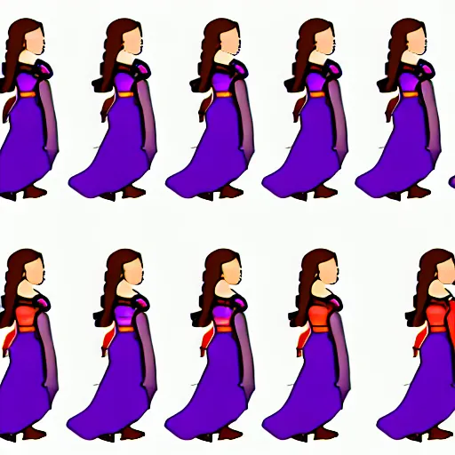 Image similar to walking animation sprite sheet of a girl in a renaissance dress, walking to the right, each sprite is a different frame of the animation