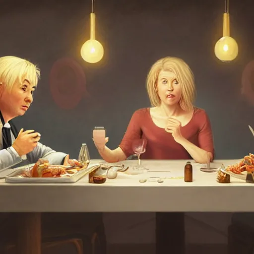 Image similar to michael mcintyre and middle aged blonde woman with short hair and a blonde woman with long hair having dinner, anatomy, bathed in light, highly detailed, photorealistic, artstation, smooth, sharp focus, illustration, unreal engine 5, 8 k, art by artgerm and greg rutkowski and edgar maxence