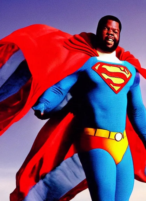 Prompt: film still of Afroman as Superman in Superman, 4k