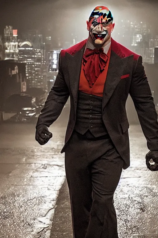 Image similar to dwayne johnson as the joker, movie still