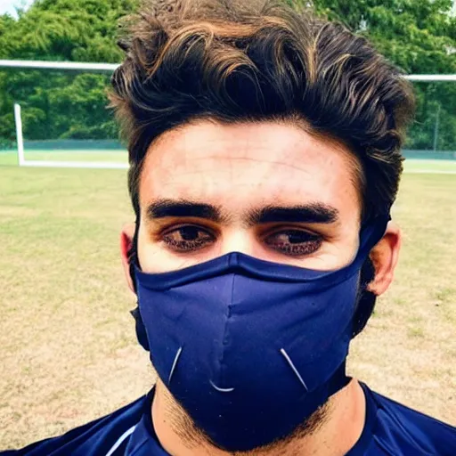 Prompt: unfit kurdish soccer player with face mask and great hair