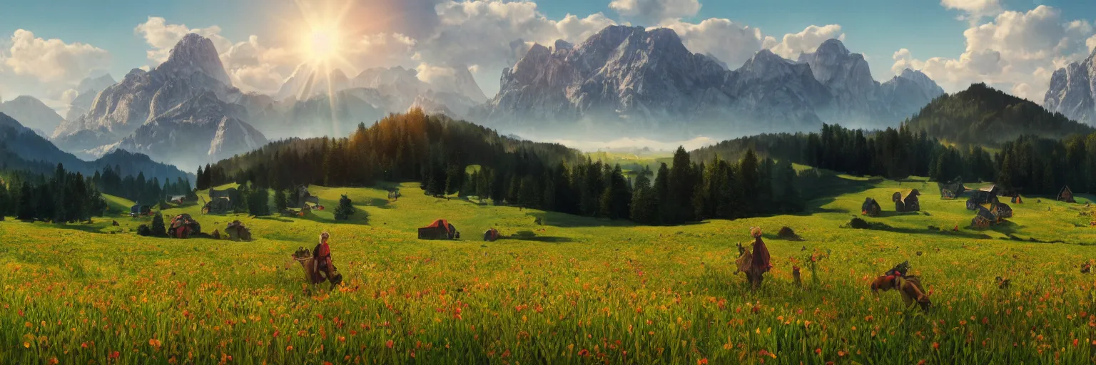 Prompt: a ultra photorealistic and sharp film still of an a sunny and colourful open field in 1 7 0 0 in the middle of the bavarian alps, germany. wide shot, wes anderson, studio ghibli, pixar and disney animation, octane render, anime key art by greg rutkowski, dramatic lighting, award winning photography