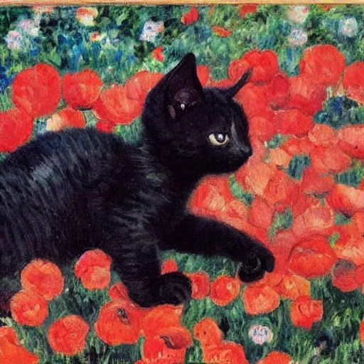 Prompt: snake shaped black kitten playing at poppy field, monet painting, impressionist painting, caillebotte painting, manet painting, landscape, renoir painting, oil on canvas s - 1 0 0