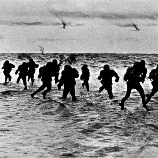 Image similar to the running soldiers in the sea in the d - day, by robert capa,