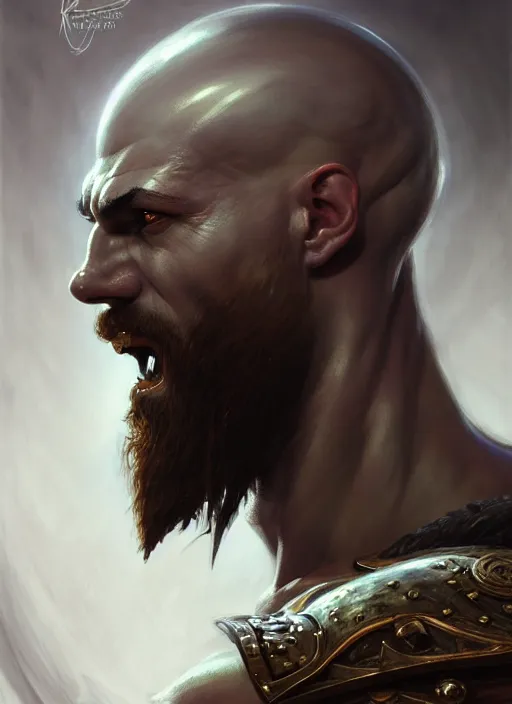 Image similar to portrait shot of kratos, intricate, elegant, highly detailed, centered, digital painting, artstation, concept art, smooth, sharp focus, warframe, illustration, anders zorn, tomasz alen kopera, peter mohrbacher, donato giancola, leyendecker, boris vallejo