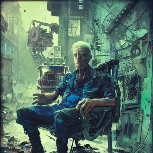 Image similar to An old punk sitting alone in a junkyard with his robot friend + black layered paper + end of the world theme + elements + dark blue and green tones + neon + baroque + rococco + white + ink + marc simonetti, craig mullins, peter mohrbacher, michael whelan, detailed, intricate ink illustration, cinematic, mucha