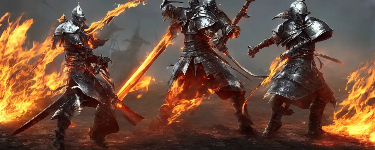 Prompt: flaming knight warrior with sword ::3 standing infront of a white citadel ::2 , dark souls 3 style art, game, unreal engine, ultra graphics, motion blur, ray tracing, light rays
