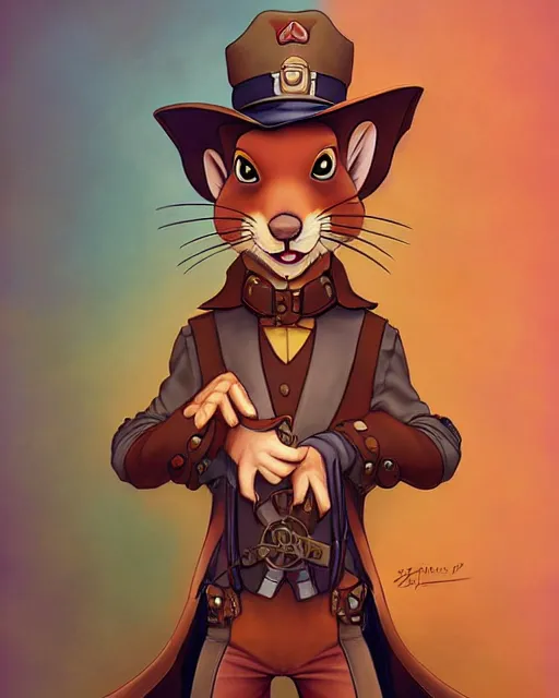 Image similar to don bluth, loish, artgerm, joshua middleton, steampunk, clockpunk anthropomorphic squirrel, full policeman outfit, smiling, symmetrical eyes symmetrical face, colorful animation forest background