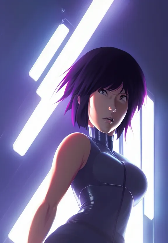 Image similar to a fullbody portrait of motoko kusanagi the major ghost in the shell : : stand alone complex, under repairs, maintenance : : by ilya kuvshinov, rossdraws, artgerm, sola digital arts, anti aliasing, raytracing : :