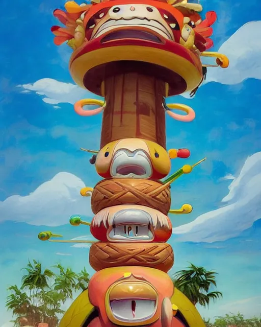 Prompt: a painting of a tiki hut with a totem pole, a surrealist painting by Takashi Murakami and by Naoto Hattori, by Jesper Ejsing, by RHADS, Makoto Shinkai and Lois van baarle, trending on deviantart, pop surrealism, lowbrow, grotesque, whimsical