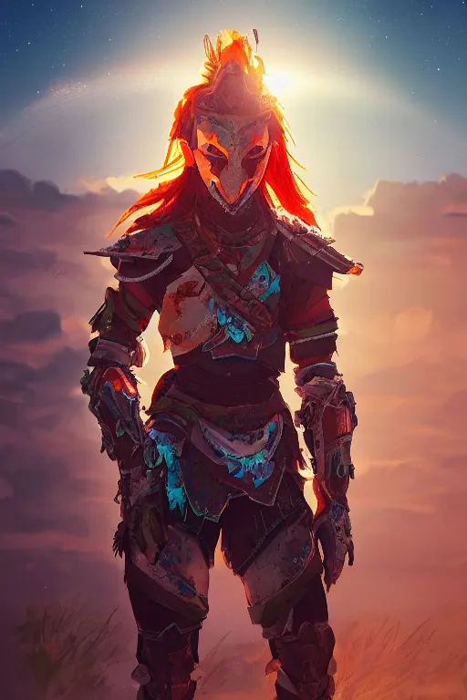 Image similar to combination suit armor aloy horizon forbidden west horizon zero dawn radiating a glowing aura global illumination ray tracing hdr fanart arstation by ian pesty and alena aenami artworks in 4 k tribal robot ninja mask helmet backpack