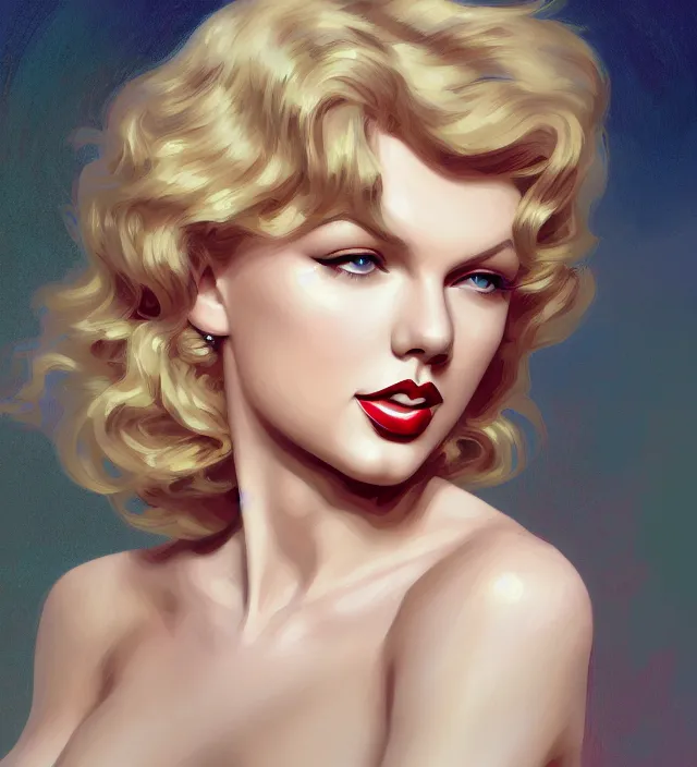 Prompt: portrait of taylor swift as a young marilyn monroe, elegant, flat lighting, intricate, highly detailed, digital painting, artstation, concept art, smooth, sharp focus, illustration, closeup, misa amane, art by simon bisley and greg rutkowski and alphonse mucha, novel cover