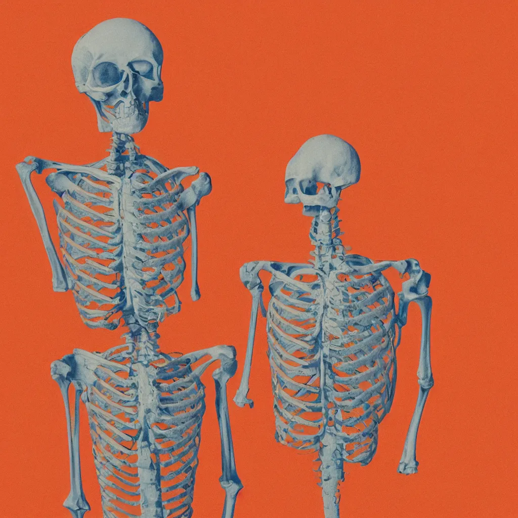 Image similar to vivid risograph of one skeleton on orange background